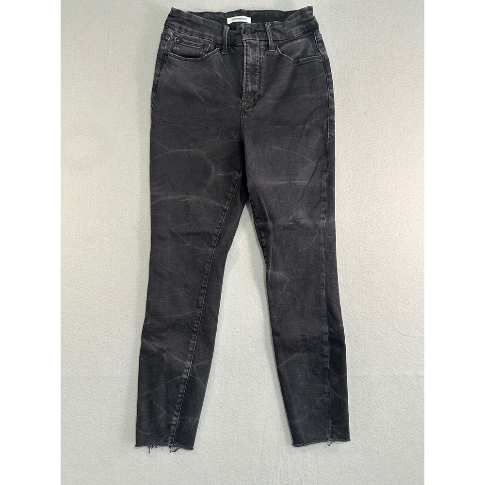 Good American Good Waist Jeans‎ Womens 4/27 Black Crop Skinny High Rise Raw Hem